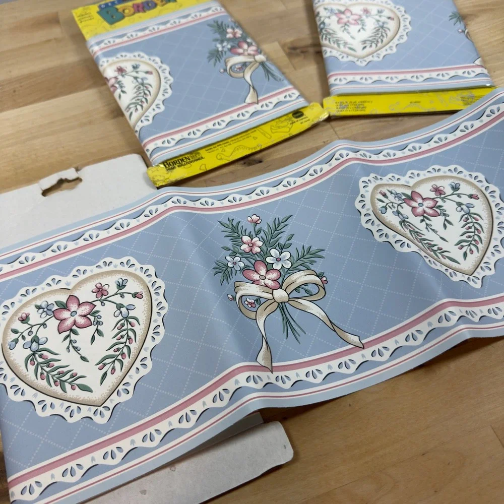Vintage Borden Floral Heart Wallpaper Border Blue Pink 3 Rolls 45ft